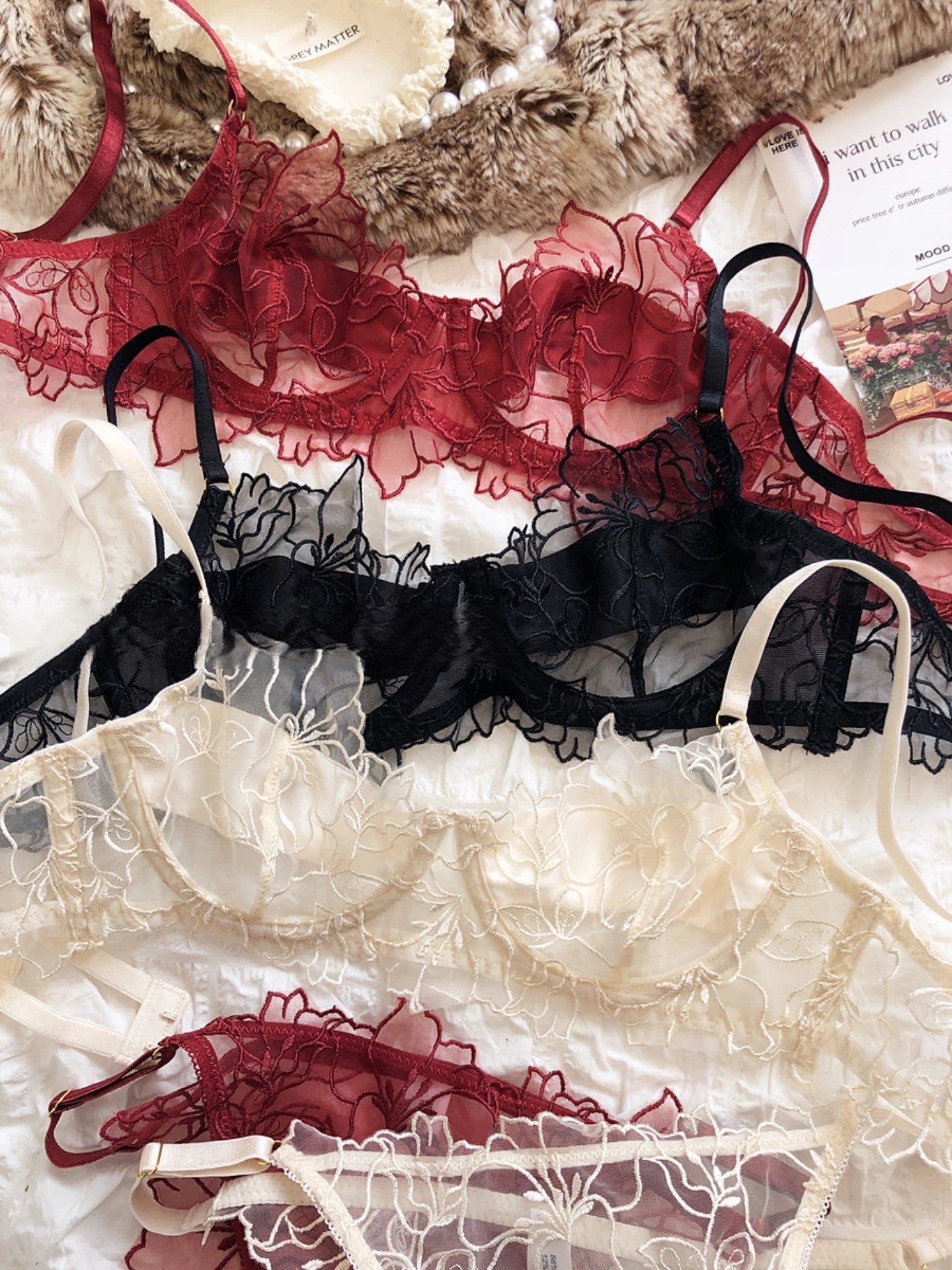 French Underwear Set Sexy Lace Flowers Embroidery Bra Set Women Intimates Summer Ultra Thin Breathable Bralette Lingerie Panties