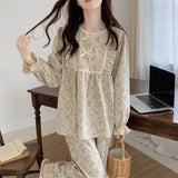 Four Seasons Can Wear Korean Style Floral Women's Pajamas Tops and Pants Summer Student Sleepwear Homewear Girl Sweet Nightwear