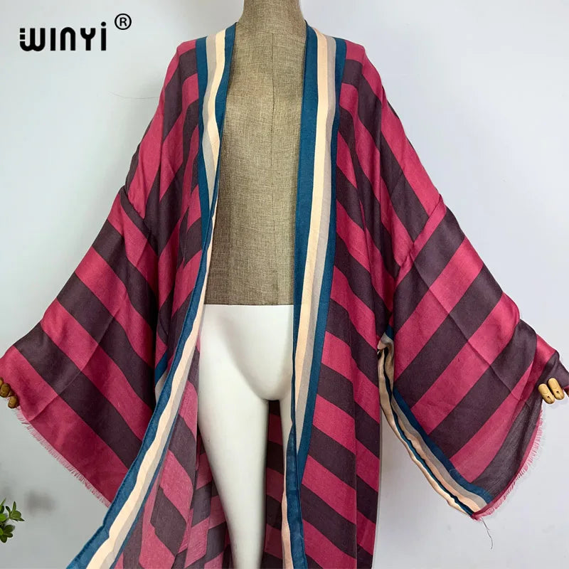 WINYI Kimono Africa Summer Boho Stripe Print Beach Swimwear Elegant Cardigan Sexy Holiday Maxi Beach Wear Swimsuit Evening Dress
