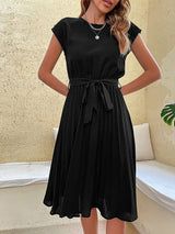 Elegant Women Summer Casual Beach Sundress Short Sleeve Pleated Midi Dress Soild Colour O Neck Tunic Dresses Fashion