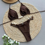 Solid Green Swimwears Sexy Halter Triangle Bead String Bikini Mini Micro Thong Swimsuit Woman 2026 Summer Brazilian Bikinis Sets