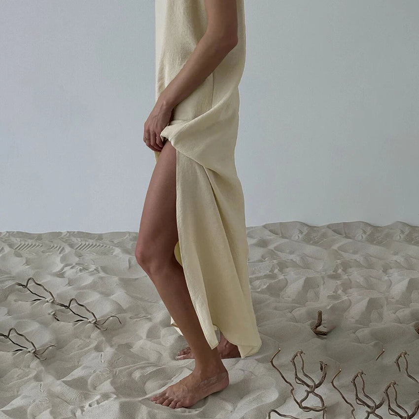 HiLoc Casual Loose White Long Dress Robe 2025 New Summer V Neck Dresses For Women Spring Sleeveless Straight Robes Nightgown