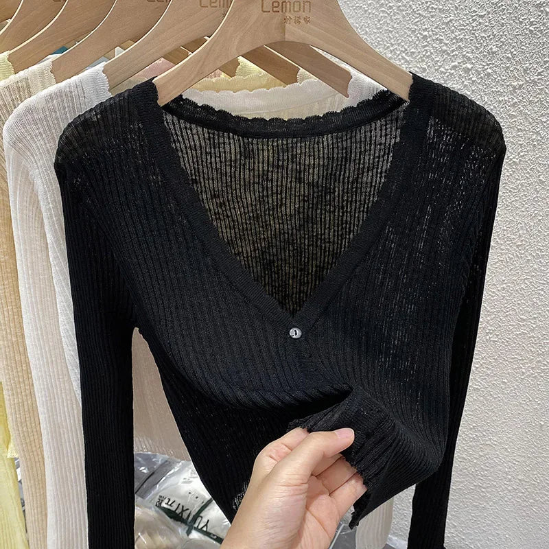 Summer Short Ice Silk Knitted Sun Protection Cardigan Women's Thin Suspender Skirt Layered Gauze Jacket Air-conditioned Cover Up