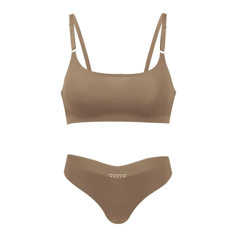 2026 Hot Sale High Quality Latest Design Us Size Stylish Solid Ice Silk Seamless Wireless Bras And Women Underwear Set
