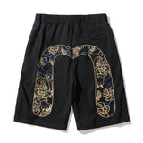 Men Embroidery Denim Shorts Black Hiphop Jeans Pants Cherry Blossom Dragon Totem Washed Zipper Cotton Summer cherry blossoms 024