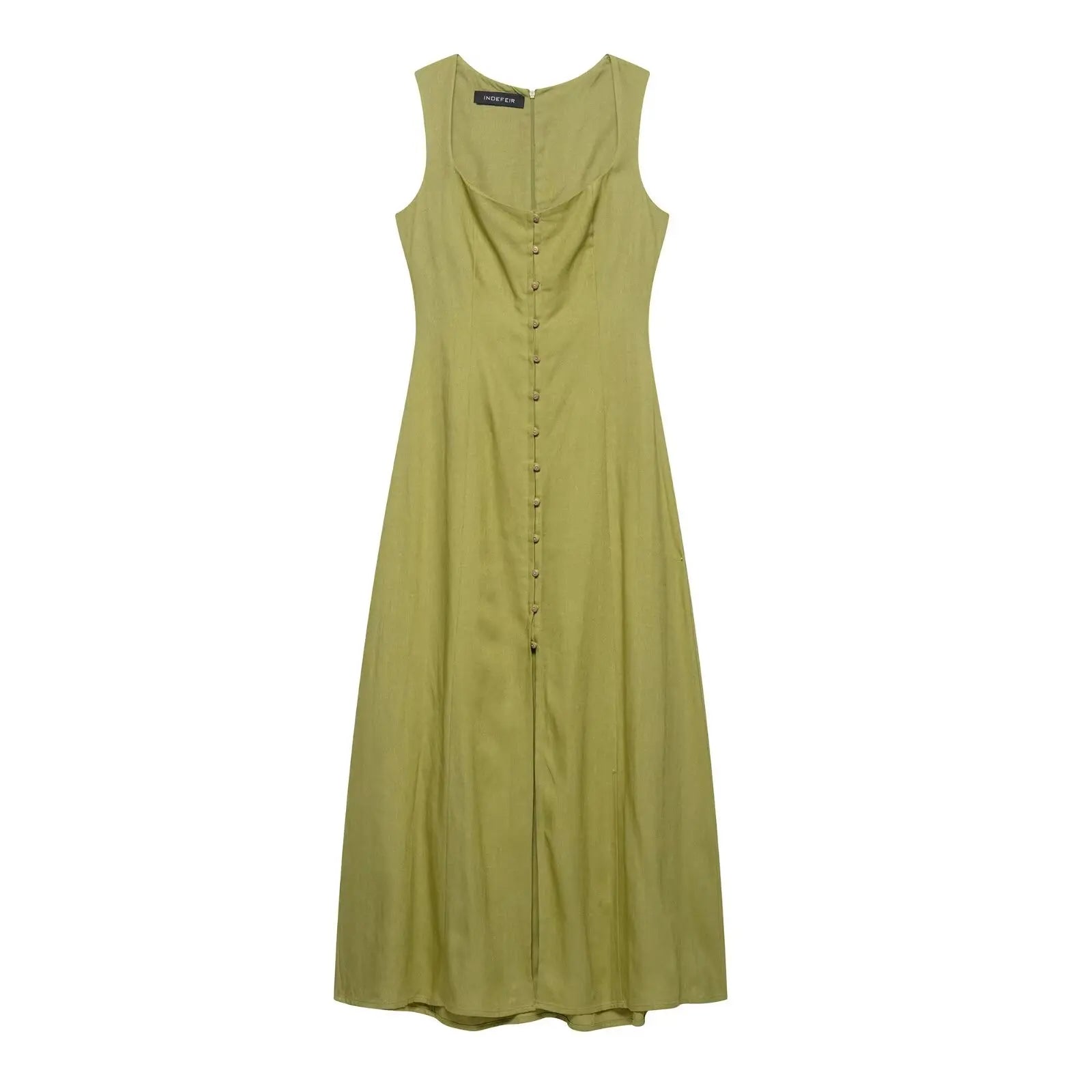 2025 Summer Elegant Dress Women Fashion Solid Square Collar Sleeveless Single Breasted Dress Ladies Vacation Green Spilt Dresses