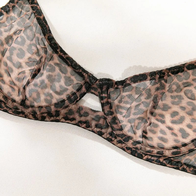 Toucheart 2-Piece Sexy Leopard Print Lingerie Set Bra Women Hollow Sexy Lingerie Thin Mesh Patchwork Print See-Through Sexy Set