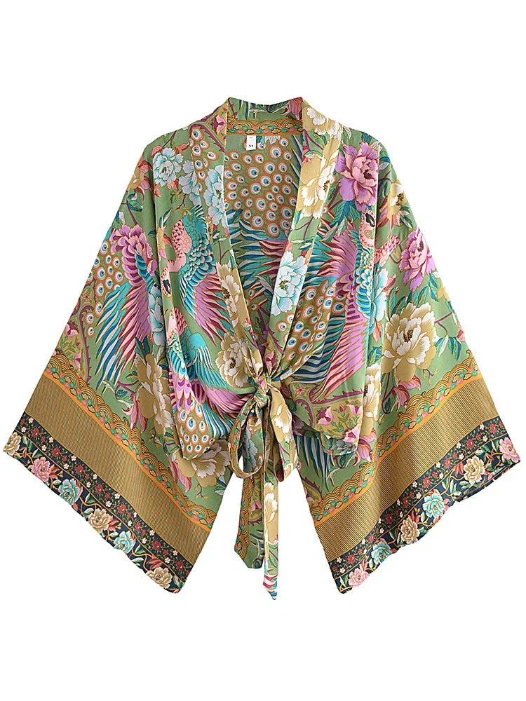Boho Queens Peacock Short Robe Kimono Swimsuits Women Fashion Floral Batwing Sleeves Rayon Bohemian Bikini Cover Ups Beachwear