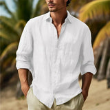 Men's Cotton Linen Shirts Turn Down Collar Solid Hawaiian Shirt Lightweight Breathable White Shirt Casual Large Size Streetwear