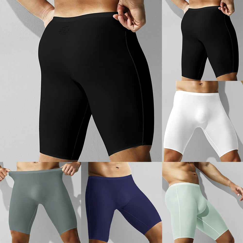 1pc Men Ice Silk Boxers Shorts Sports Long Leg Shorts Underwear Thin Seamless Anti-wear Panties Breathable Comfortable Underpant