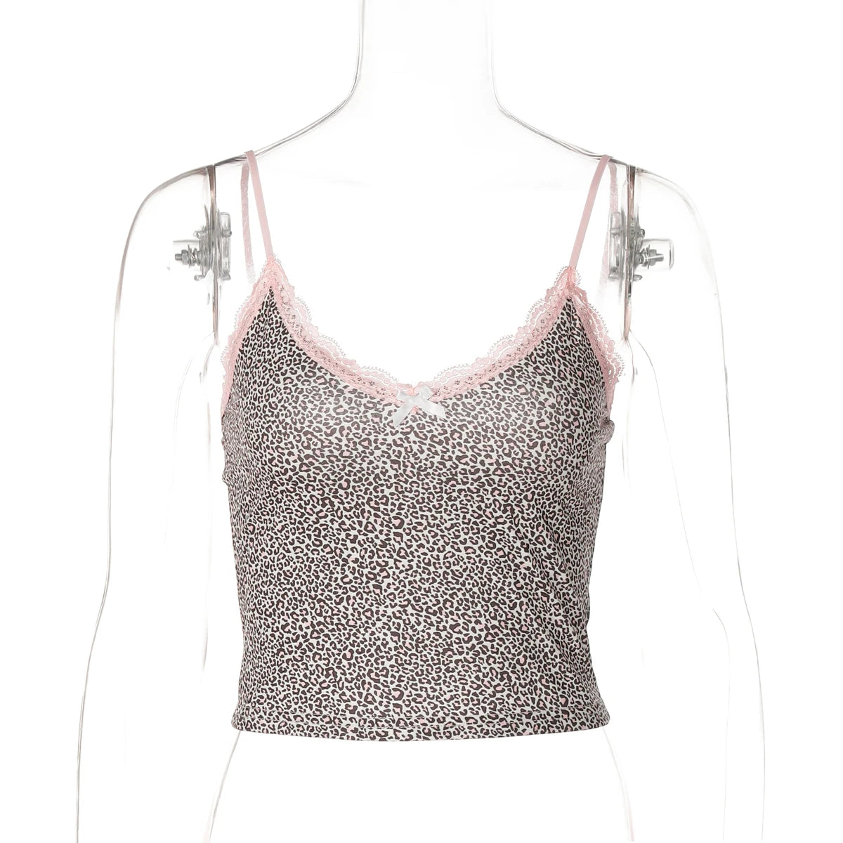 Hugcitar Leopard Print Slips Bows Patchwork Lace Sexy Slim Crop Camis Top Summer Fashion Women Y2K Outfits Festival Party