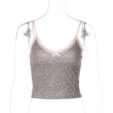 Hugcitar Leopard Print Slips Bows Patchwork Lace Sexy Slim Crop Camis Top Summer Fashion Women Y2K Outfits Festival Party