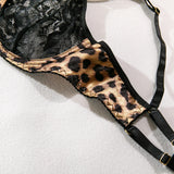 Krasapt Sexy Leopard Printing Lace Patchwork Women Lingerie 3Pcs Sets Romantic Mesh Perspective Intimates Underwear Erotic Set
