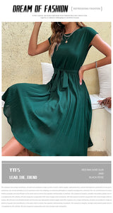 Elegant Women Summer Casual Beach Sundress Short Sleeve Pleated Midi Dress Soild Colour O Neck Tunic Dresses Fashion