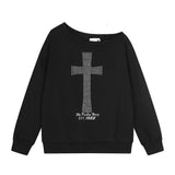 Seeslim Cross One-shoulder Graphic Hoodies Long Sleeve Black Women's Sweatshirts Harajuku Grunge 2000s Clothes Y2k Autumn Tops