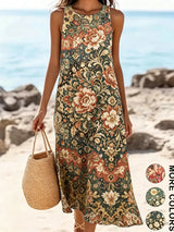 2026 Women's Sleeveless Bohemian Floral Casual Beach MIDI Sundress With Pockets Flowing and Loose Sweetheart Rustic Country