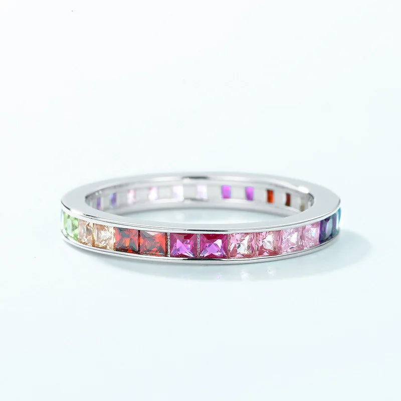 ALLNOEL Rainbow Band Ring for Woman Pure 925 Sterling Sliver 5A Zircon Eternity Fine Jewelry Colorful Engagement Birthday Gifts