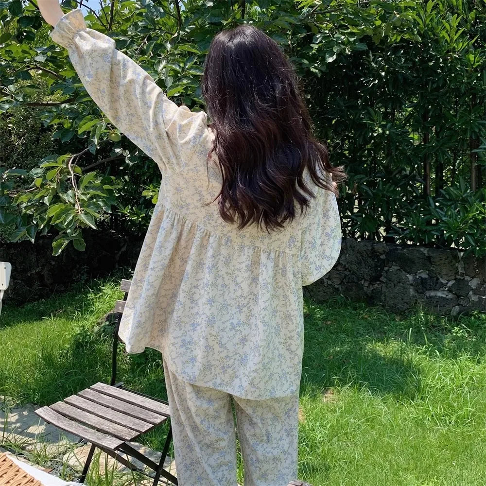 Four Seasons Can Wear Korean Style Floral Women's Pajamas Tops and Pants Summer Student Sleepwear Homewear Girl Sweet Nightwear