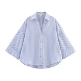MUJER Striped Women's Shirt White Loose Casual Shirts for Women Summer Button up Shirts and Blouses Woman Wide Sleeve Ladies Top