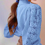 New Women's Long Sleeve High Neck  Chic Blouse, Lace Paneled Hollow Sleeve Elegant Top, Vintage Fashion Office Lady Outfits