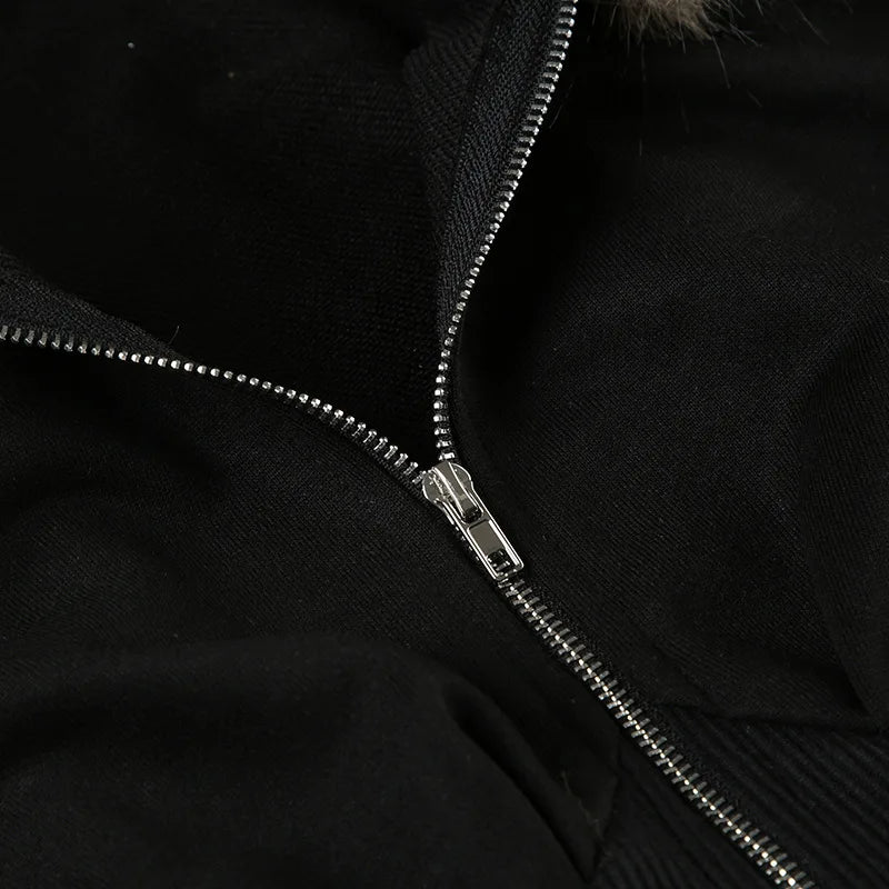 Goth Dark Autumn Winter Faux Fur Collar Solid Hooded Coats Women Casual Slim Waist Zip Hoodies Gothic Jackets Chic Streetwear