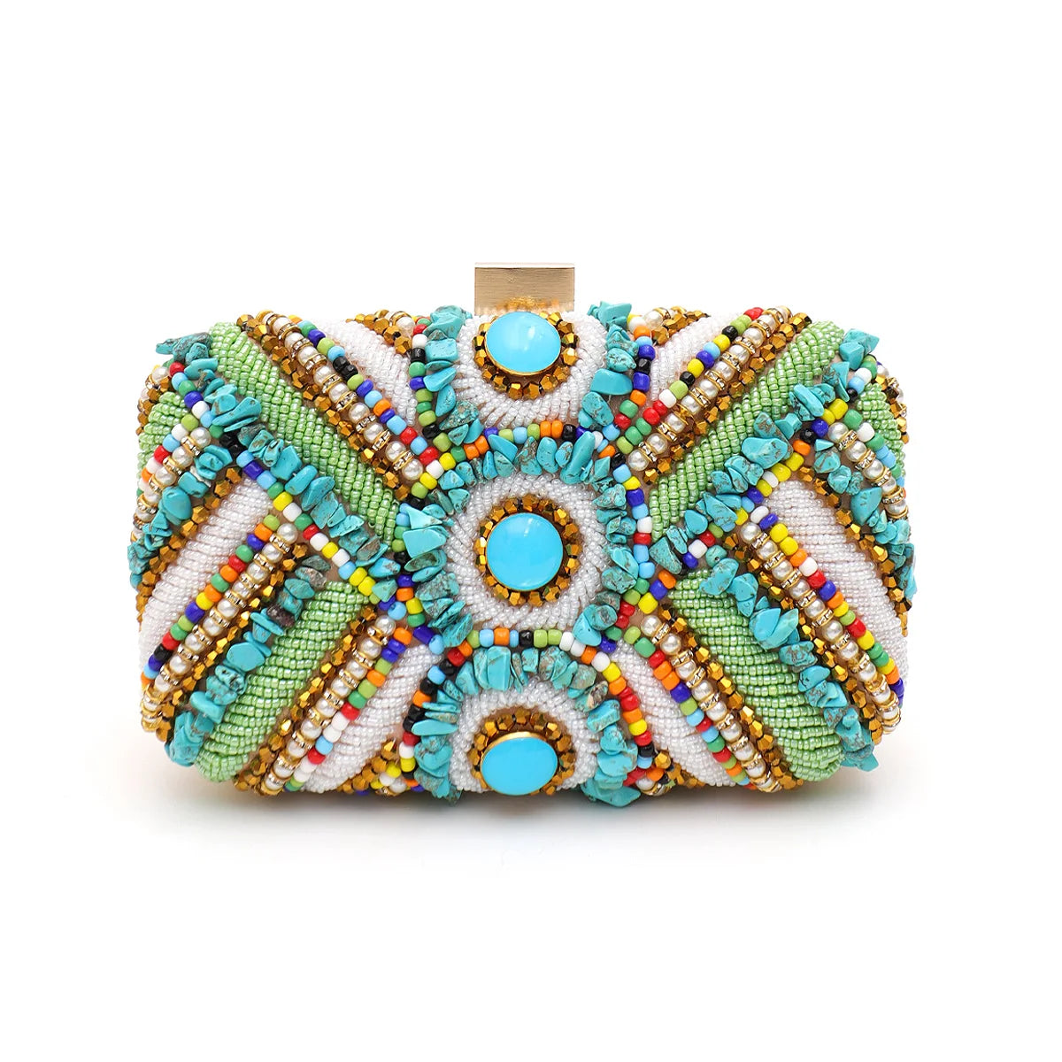 Women's Glamorous Luxury Colorful Beads Pearls Clutch Metal Frame Case Evening Bag Long Chain Purse Party Holiday Travel Tribal