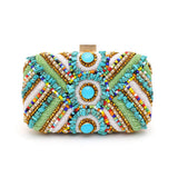 Women's Glamorous Luxury Colorful Beads Pearls Clutch Metal Frame Case Evening Bag Long Chain Purse Party Holiday Travel Tribal