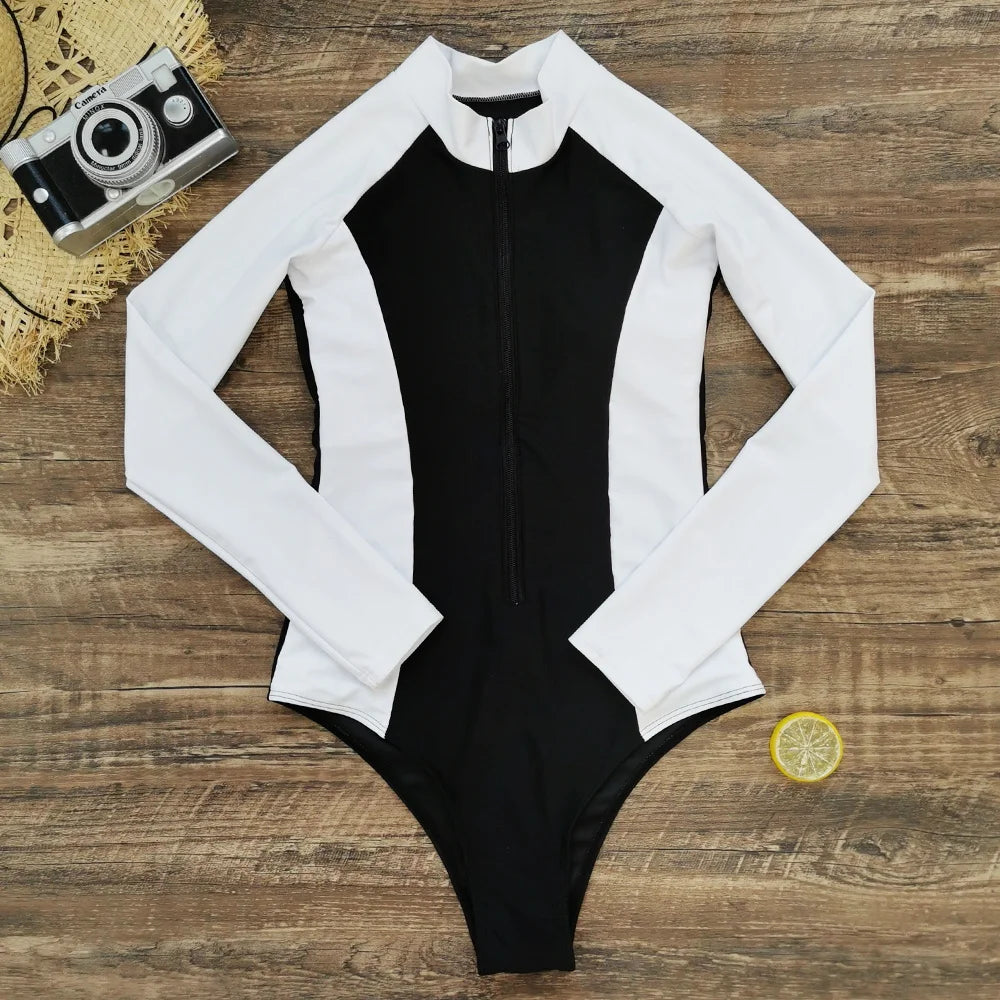 2026 Surfing Sport Swimsuit Long Sleeves Women One Piece Swimsuit  Swimwear Solid Monokini Bathing Suit Tropical Bodysuit Female