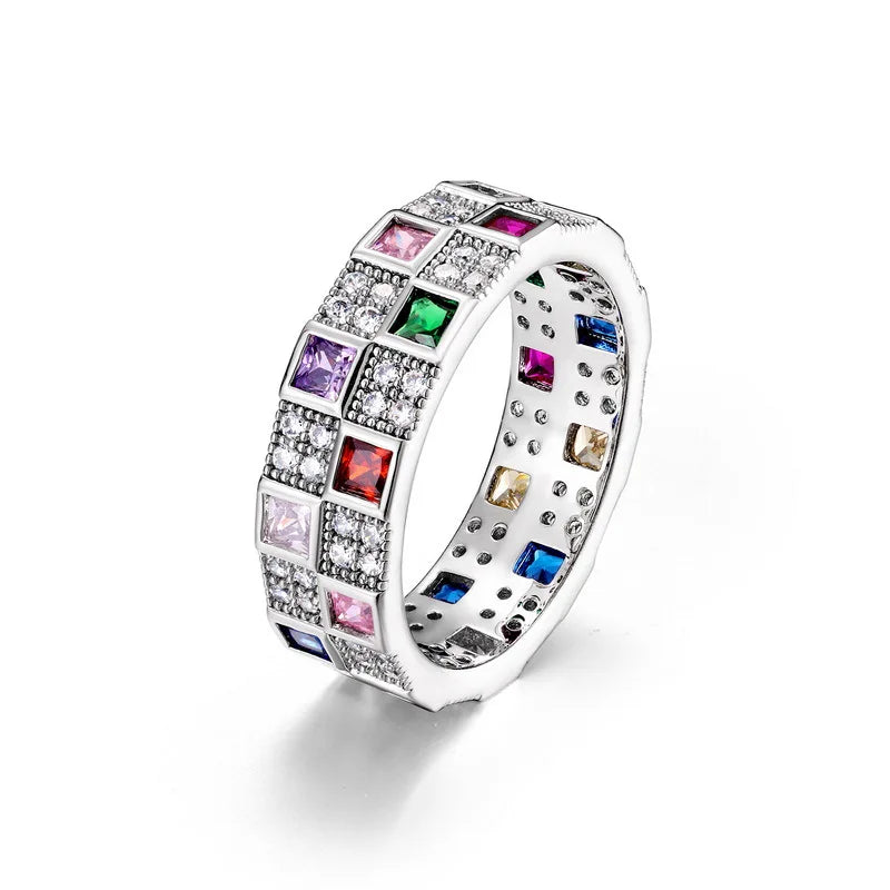 ALLNOEL Rainbow Band Ring for Woman Pure 925 Sterling Sliver 5A Zircon Eternity Fine Jewelry Colorful Engagement Birthday Gifts