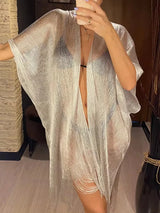 Swimsuit Cover-ups  Fashion Tassel Gold Bikini Beach Cover Up Sexy Beach Dress Tunics for Women Summer Wear See Through