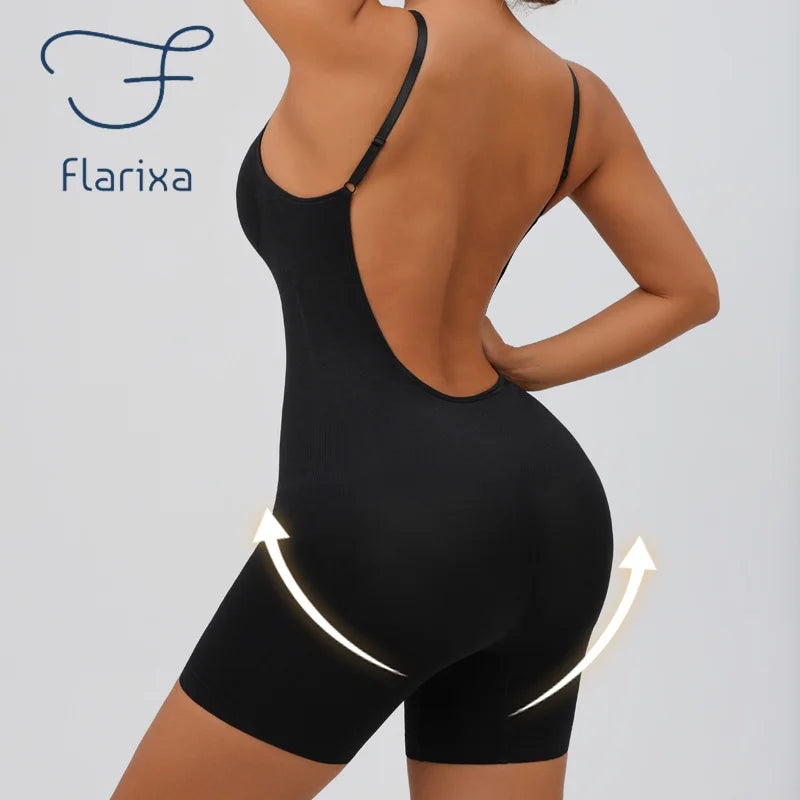 Flarixa Women's Low Back Seamless Bodysuit Tummy Control Hip Lifter Full Body Shaper Backless Shapewear Jumpsuit Slim Corset