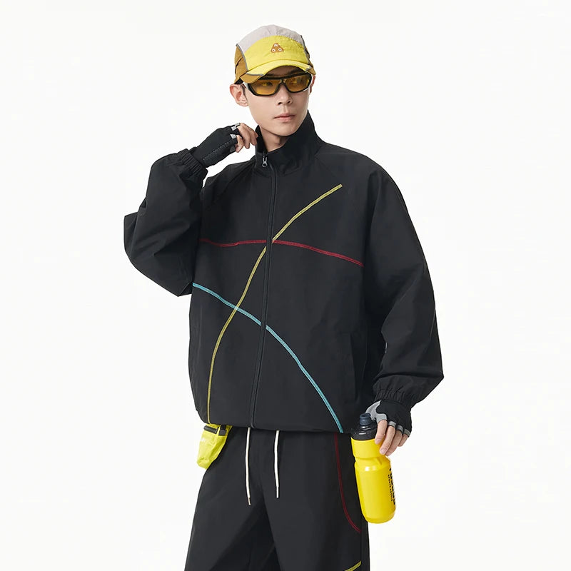 Unisex 2‑Pieces Tracksuit Set Color Contrast Stitching Stand Collar Zip‑Up Jacket Wide Leg Pants Windproof Outdoor Hiking Set