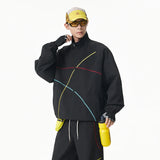 Unisex 2‑Pieces Tracksuit Set Color Contrast Stitching Stand Collar Zip‑Up Jacket Wide Leg Pants Windproof Outdoor Hiking Set