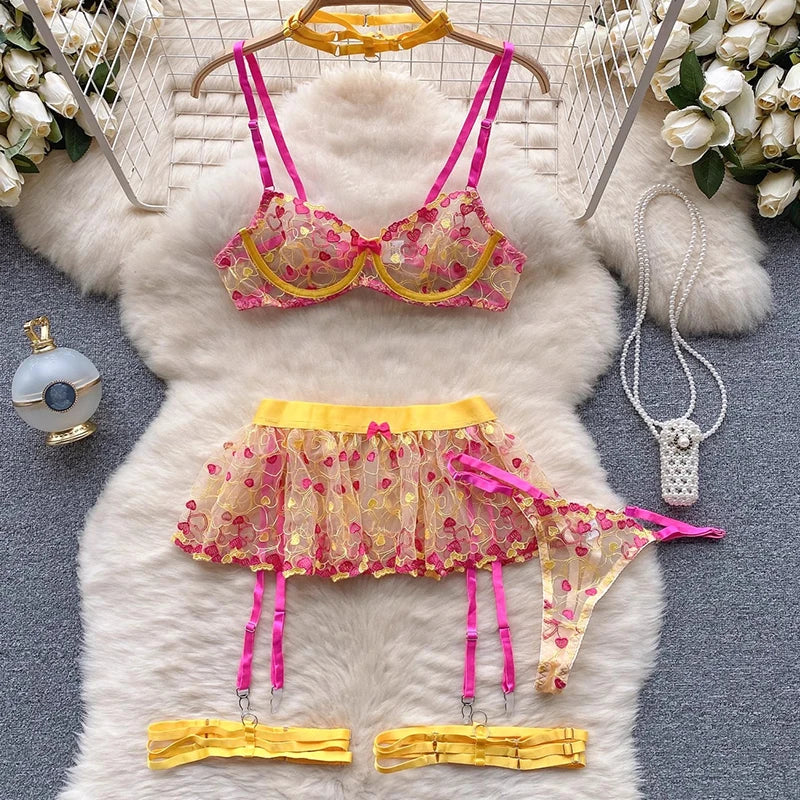 CHILLGIO Women Heart Print Lace Bra Brief Suit Fashion Transparent Push Up Underwear Outfit 3 Pieces Sexy Intimate Lingerie Sets