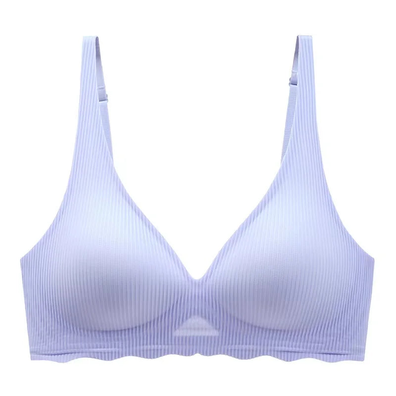 Seamless Women's Bra Small Chest Big Hollow Design Underwear Support Non-removable Semi-fixed Cup One Piece Striped Thin Bra