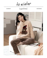 2pcs/Set Large Size Padded Thickened Warm Fall And Winter Women's Pajamas Long-Sleeved Long Pants Set Coral Velvet Cartoon Bear