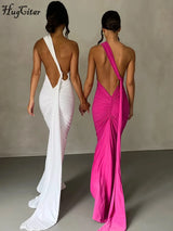 Hugcitar One Shoulder Backless Adjustable Scarf Loop Ruched Sexy Maxi Dress Women Elegant Y2K Streetwear Festival Outfit