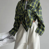 New Vintage Women Oversized Long Sleeve Plaid Shirt Blouse Tops Autumn Winter Button Down Loose Lapel Pocket Shirt Korean Style