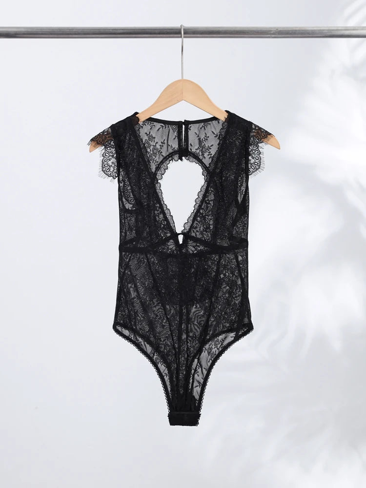 Women Lace Trim Bodysuit Sexy Woman Clotehs Sleeveless Deep V Neck Sheer Mesh Elegant Casual Party Top Spring Vacation Outfit