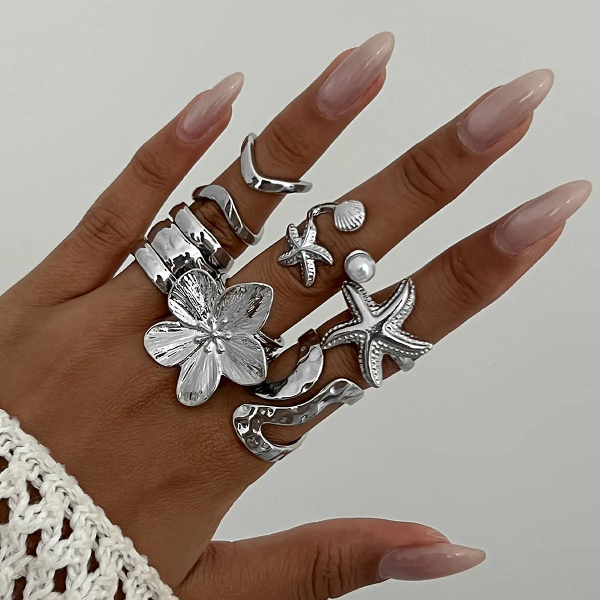 6pcs Set Exaggerated Personality Summer Starfish Shells Sun Flower Rings for Women Retro Irregular Charm Finger Jewelry Set Gift