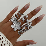 6pcs Set Exaggerated Personality Summer Starfish Shells Sun Flower Rings for Women Retro Irregular Charm Finger Jewelry Set Gift