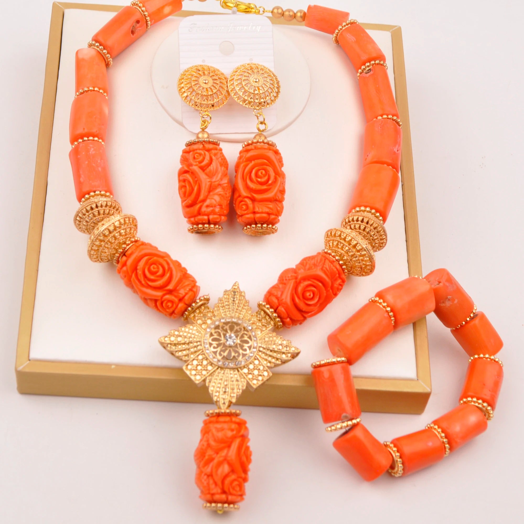 32inches 2Layers orange artifinal nigerian coral bead jewelry set wedding
