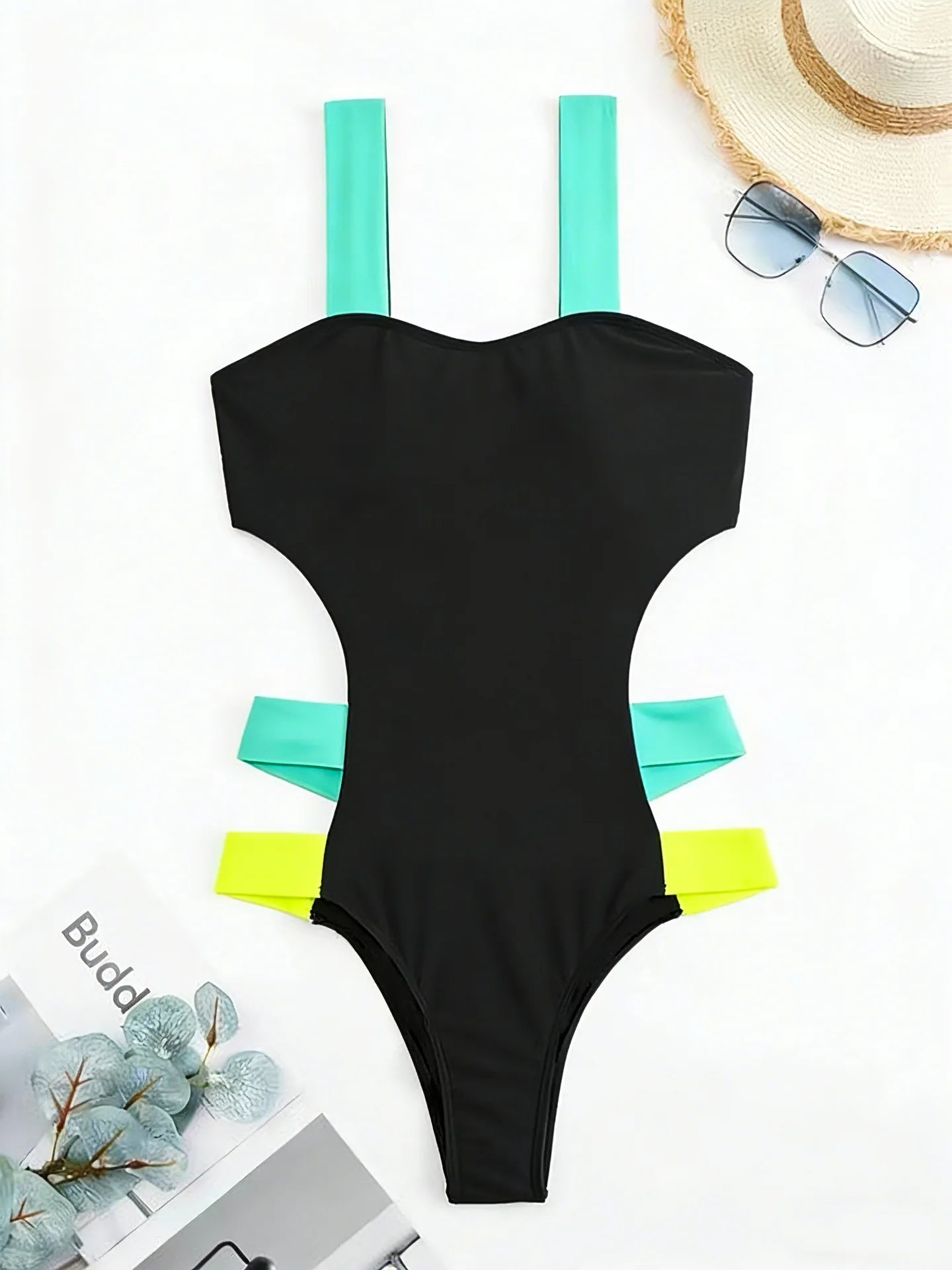 Sexy Black Contrast One Piece Swimsuit 2026 Women Neon Strap Hollow Out Backless Monokini Summer Bathing Suit Patchwork Swimwear
