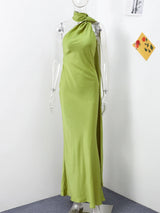 Elegant Ribbon Halter Dress Women Solid Off Shoulder Sleeveless Backless Slim Maxi Dresses 2025 Summer Autumn Party Robes Lady