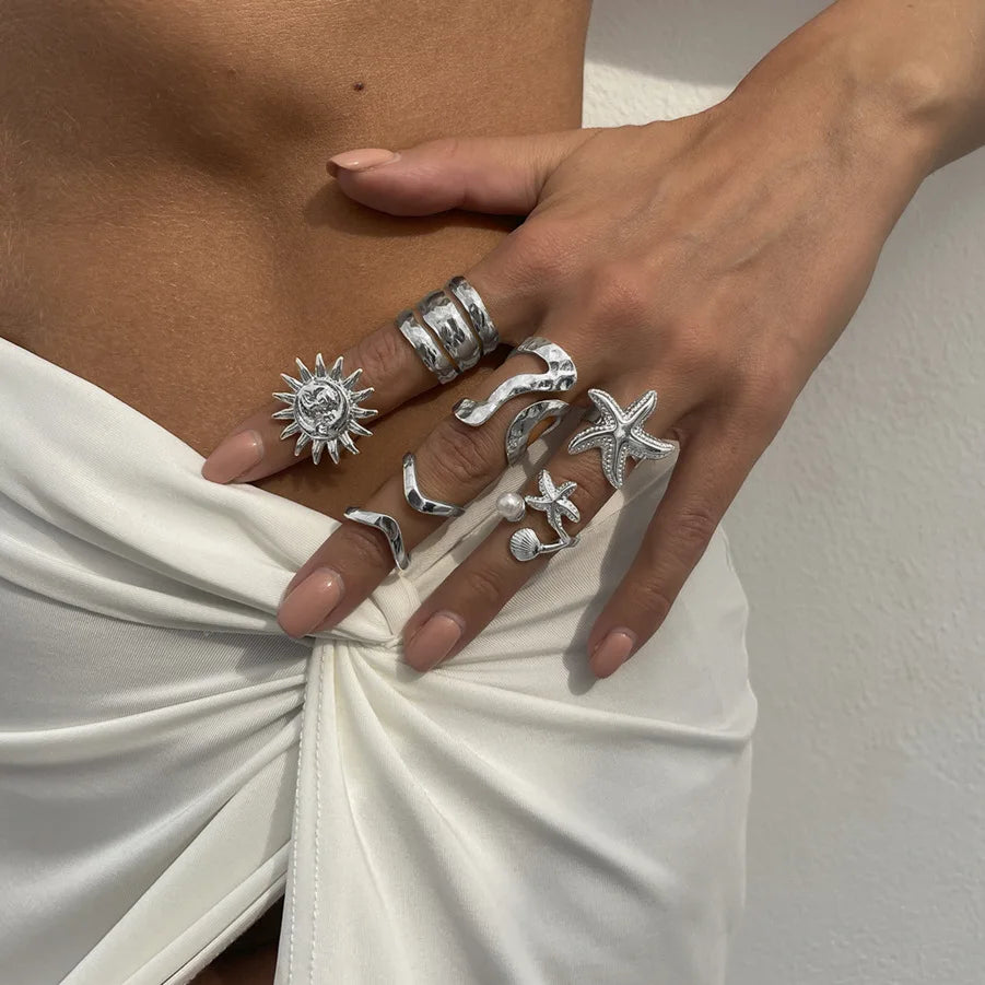 6pcs Set Exaggerated Personality Summer Starfish Shells Sun Flower Rings for Women Retro Irregular Charm Finger Jewelry Set Gift