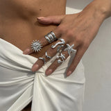 6pcs Set Exaggerated Personality Summer Starfish Shells Sun Flower Rings for Women Retro Irregular Charm Finger Jewelry Set Gift