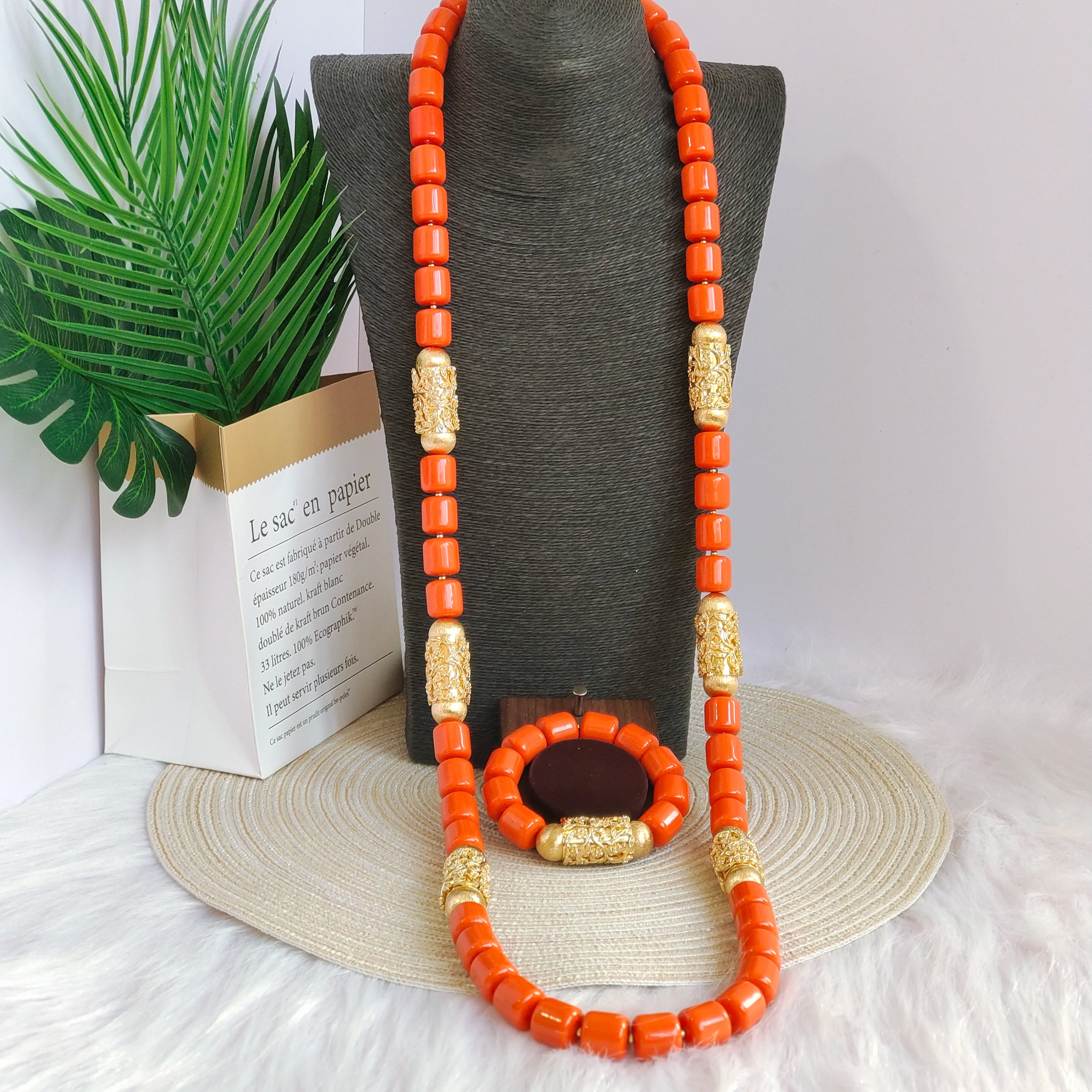 32inches 2Layers orange artifinal nigerian coral bead jewelry set wedding