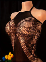 Lace Bra One-Piece Set Crotchless Lingerie Women's Curve Jumpsuit Hot Open Bras Body Stockings Halter Neck See-through Underwear