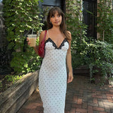 Tossy Lace V-Neck Patchwork Maxi Dress Women Backless High Waist Slim Spaghetti Contrast Party Dress Female Spring Long Dress