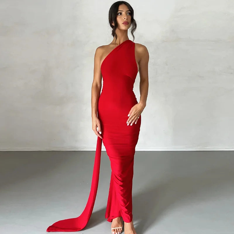 Hugcitar One Shoulder Backless Adjustable Scarf Loop Ruched Sexy Maxi Dress Women Elegant Y2K Streetwear Festival Outfit